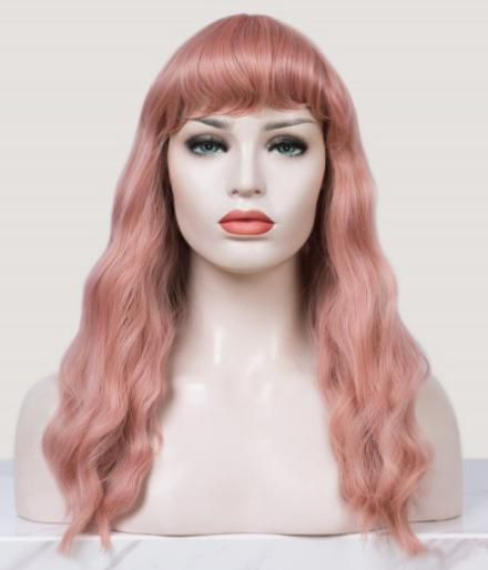 Pastel Pink Wavy Synthetic Wig with Bangs